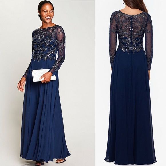 Xscape Dresses & Skirts - Xscape Long Sleeve Floral Beaded Bodice Chiffon Gown size 10 navy NWOT